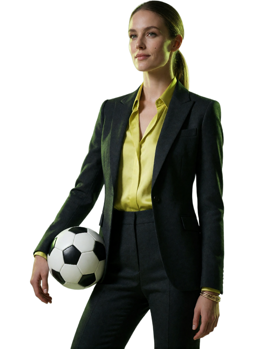Frau im Anzug mit Fu&szlig;ball neben der Bonus&uuml;bersicht aus Einzahlung, Bonusbetrag und Freispielen bei Zoccer Casino