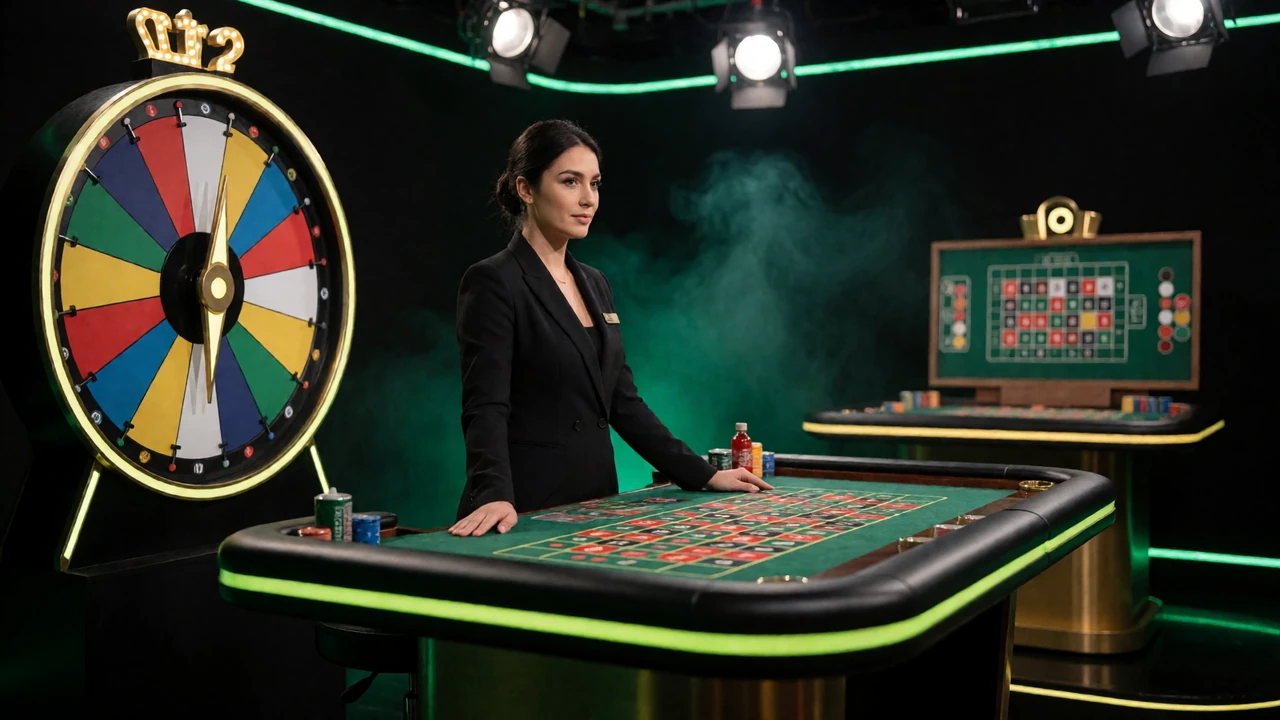 Live-Casino-Studio mit Croupier am Roulette-Tisch, Spielrad und Game-Show-Kulisse im Zoccer Casino Stil