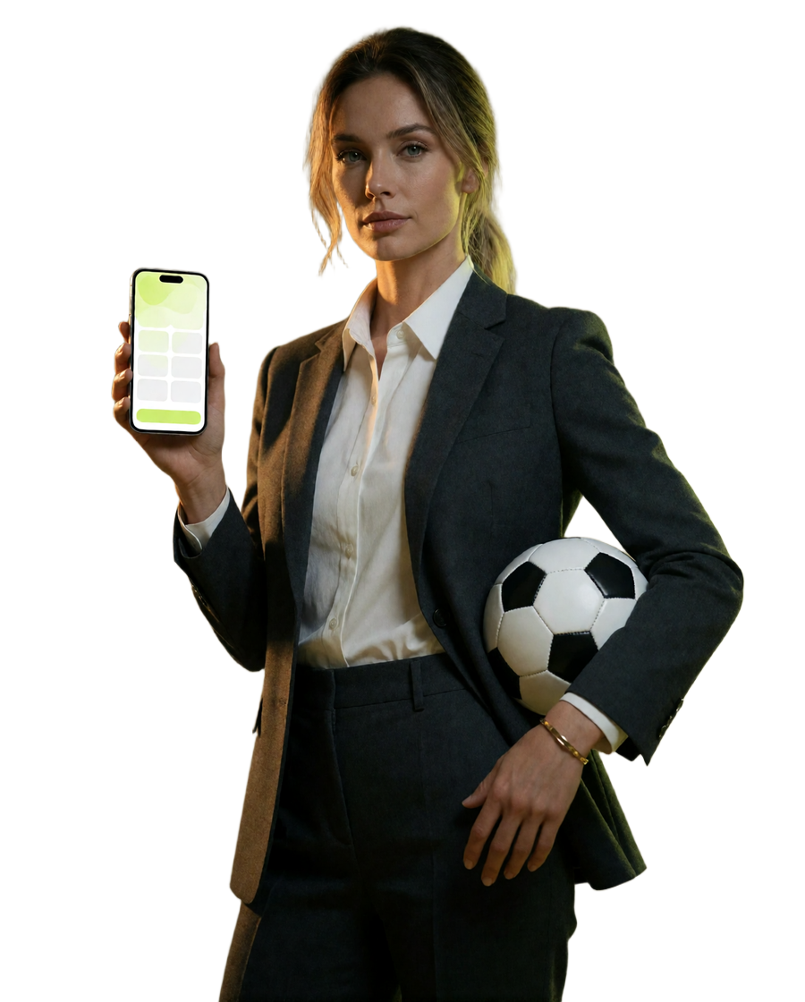 Frau im Anzug mit Smartphone zur Zahlungsauswahl und Fu&szlig;ball - Zoccer Casino als Casino mit schneller Auszahlung