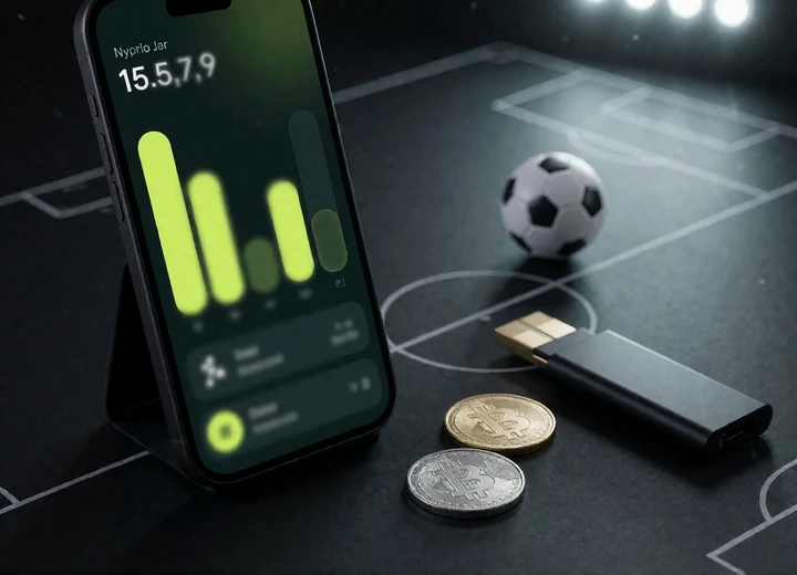 Smartphone mit Krypto-Wallet, Stablecoin-M&uuml;nzen und Fu&szlig;ball auf schwarzem Tisch - Ablauf des Zoccer Krypto-Willkommensbonus