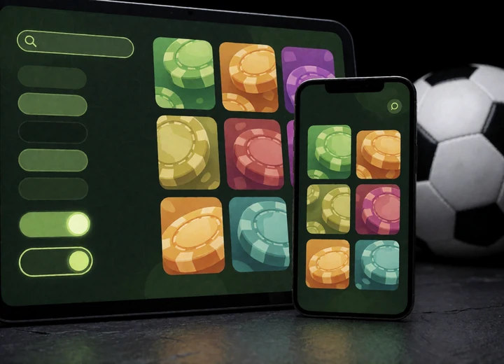 Tablet und Smartphone mit Filterleiste und Spielekacheln zeigen die Navigation durch die Zoccer Casino Spiele