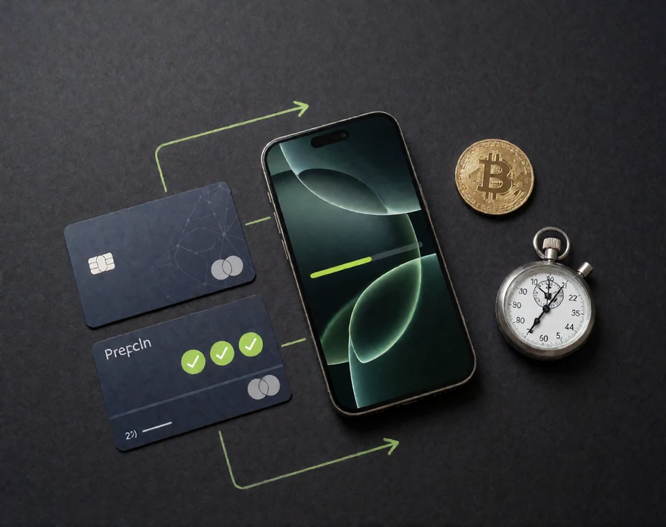 Bankkarte, Prepaid-Karte, Smartphone mit Auszahlungsstatus, Krypto-M&uuml;nze und Stoppuhr auf schwarzem Tisch