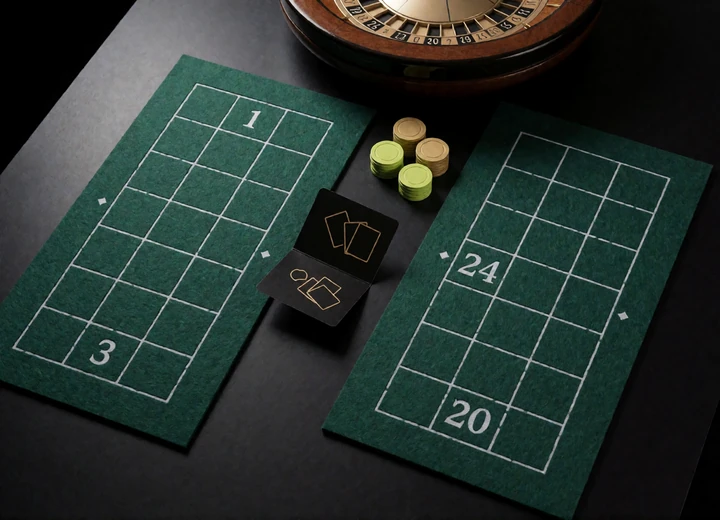 Roulette-Layouts mit einer und zwei Nulltaschen neben einer Blackjack-Regelkarte und Chips auf schwarzem Tisch