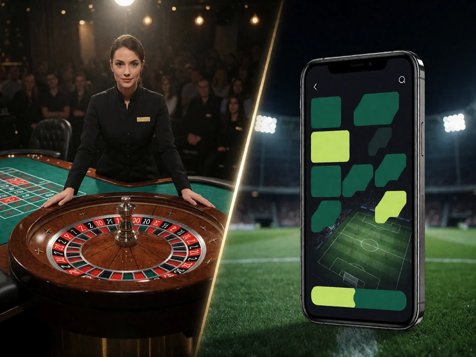 Live-Roulette-Tisch mit Croupier und Smartphone mit Fu&szlig;ball-Wettmarkt vor beleuchtetem Stadion
