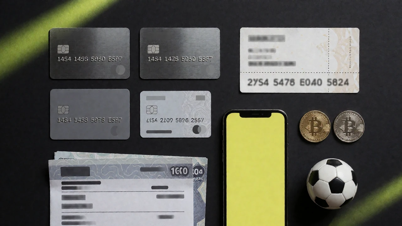Bankkarten, Prepaid-Voucher, Smartphone-Wallet und Krypto-M&uuml;nzen auf schwarzem Tisch als Einzahlungsmethoden im Zoccer Casino