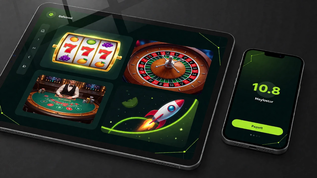 Tablet und Smartphone zeigen die Zoccer Kategorienavigation mit Slots, Roulette, Live-Casino und Instant-Games