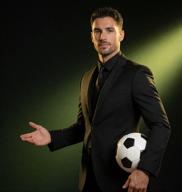 Mann im schwarzen Anzug mit Fu&szlig;ball neben dem Willkommensbonus &uuml;ber 100 Prozent bis 500 Euro und 200 Freispielen