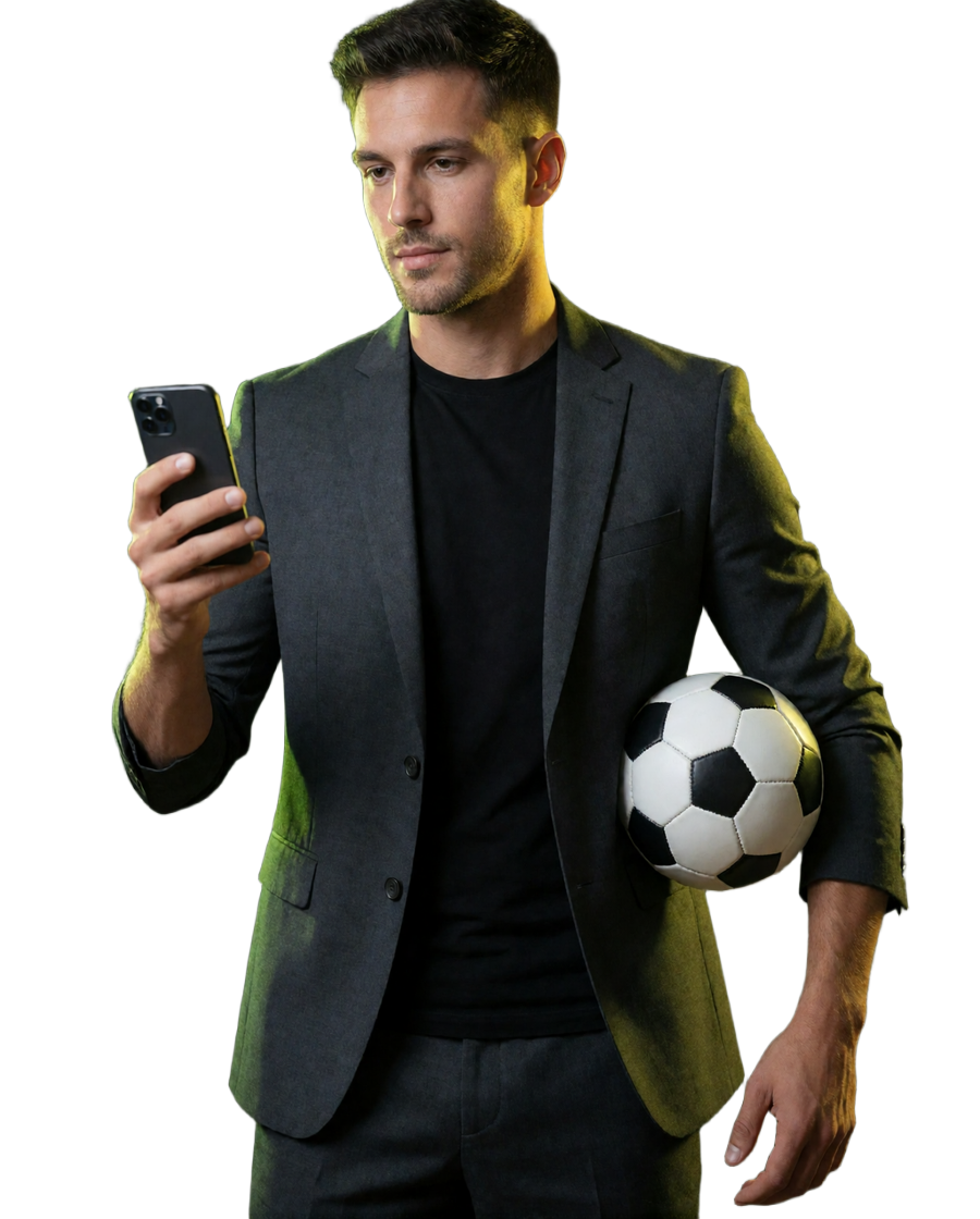 Mann im Anzug mit Smartphone und Fu&szlig;ball vor der Kategorienauswahl der Zoccer Casino Spiele und Online Slots